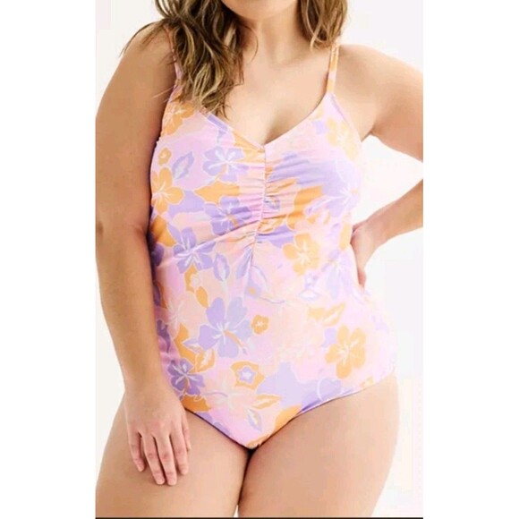 Ninety Nine One Piece Swimsuit Size 1X Purple Floral Print Ruched Resort Pool - Picture 1 of 9